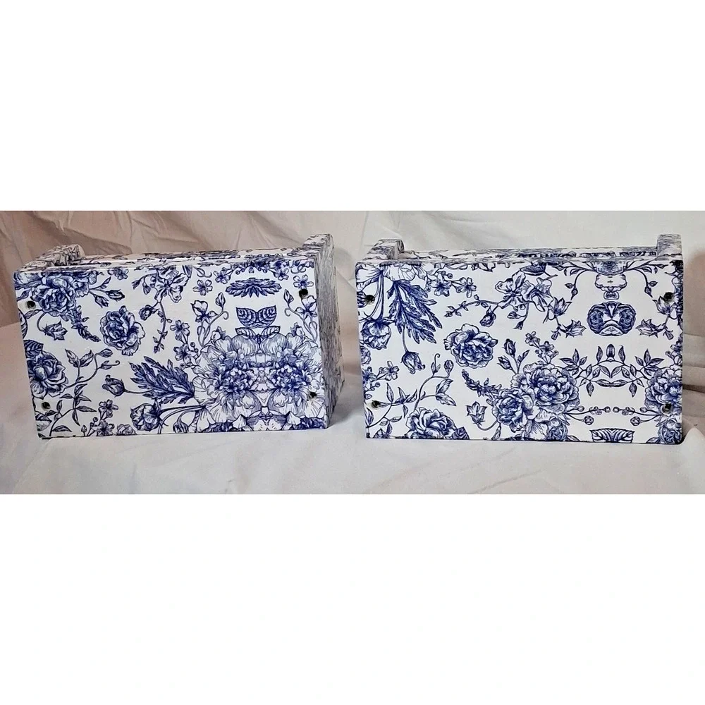 Lot of 2 Decoupaged Blue & White Wood Shelves Wall Mount 8” Chinoiserie